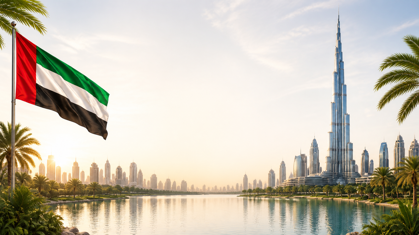 Skyline de Dubaï et drapeau des Émirats arabes unis